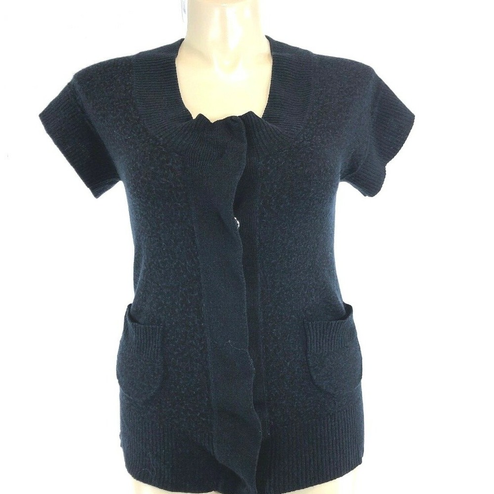 French Connection Cardigan MED Heather Black Scoop Collar‎ Short Sl Knit Sweater